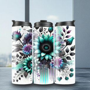 Fun Teal Purple Sunflowers Thermal Tumbler