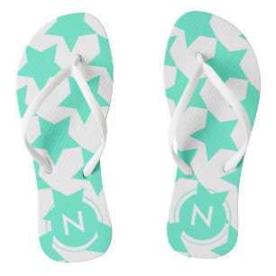 Fun Teal Stars Pattern Monogrammed Flip flops