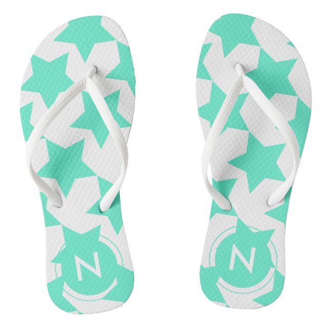 Fun Teal Stars Pattern Monogrammed Flip flops (Footbed)