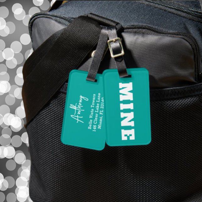 Fun Teal White MINE Personalised Luggage Tag (Creator Uploaded)