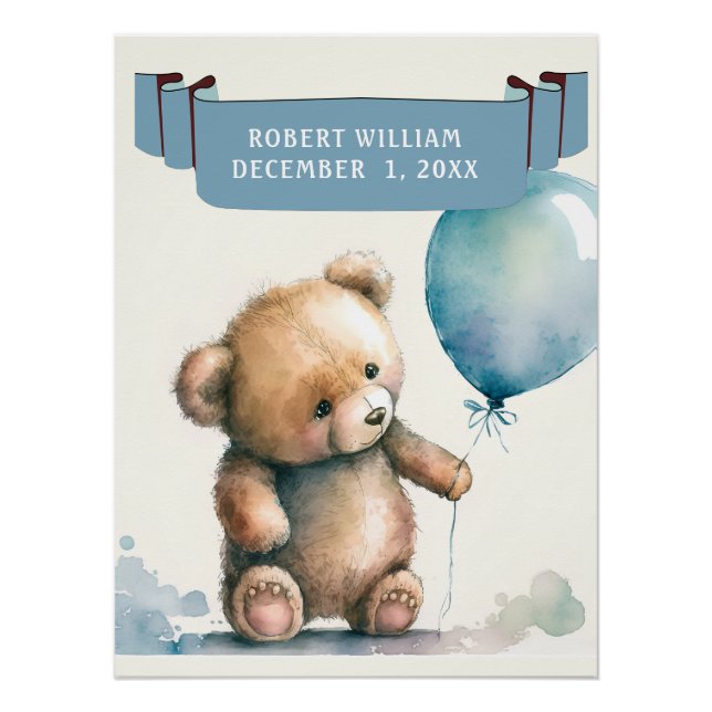 FUN TEDDY BEAR WITH BLUE BALLOON  KIDS NAME  POSTER (Front)