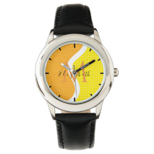 Fun Tennis Ball Name & Initial Orange Yellow Kids  Watch