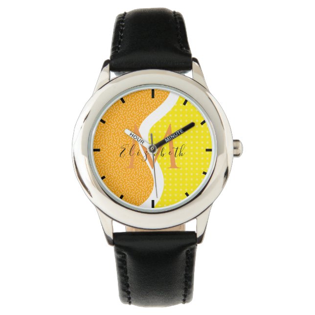 Fun Tennis Ball Name & Initial Orange Yellow Kids  Watch (Front)