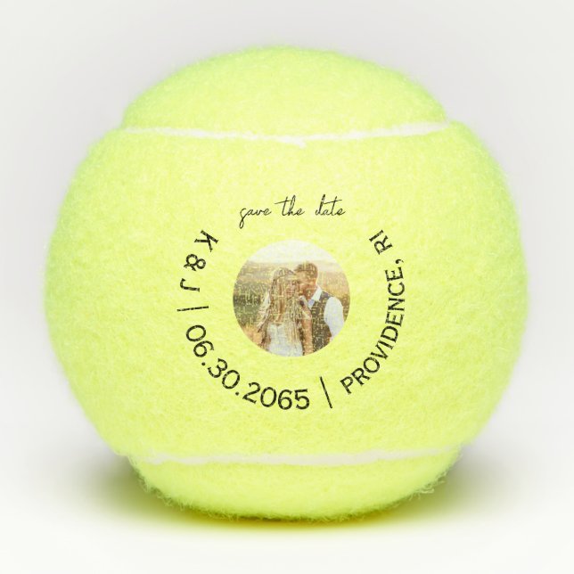 Fun Tennis Photo Wedding Save the Date Tennis Balls (Front)