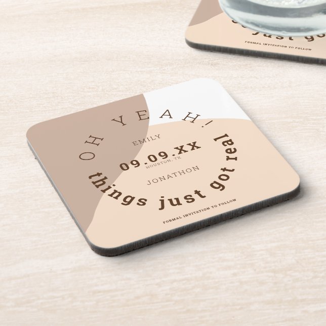 Fun Things Got Real Cream Brown Save The Date Coaster (Left Side)