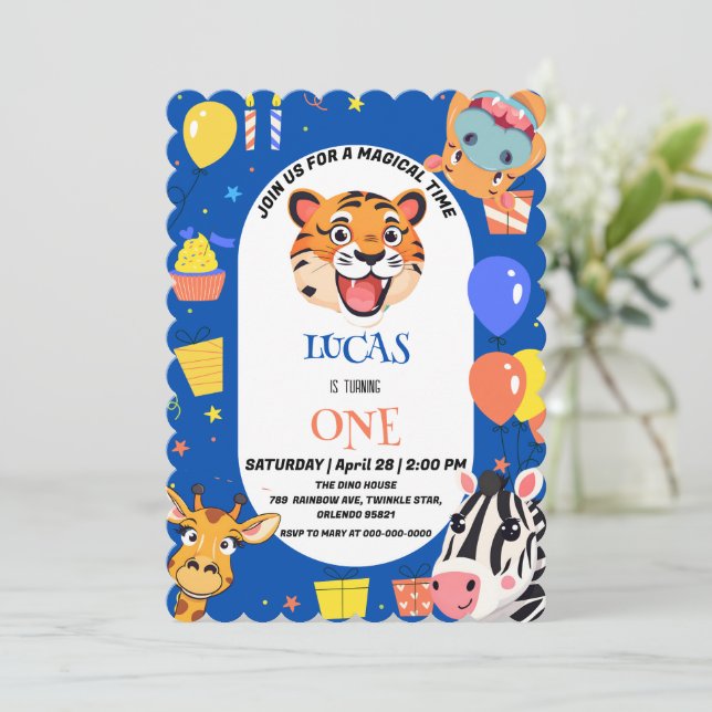 Fun tiger Zebra Hippo safari zoo Wild Birthday Invitation (Standing Front)