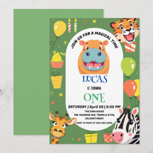 Fun tiger Zebra Hippo safari zoo Wild Birthday Save The Date