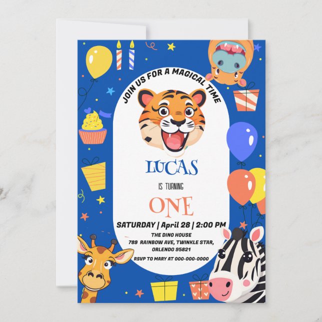 Fun tiger Zebra Hippo safari zoo Wild Birthday Save The Date (Front)