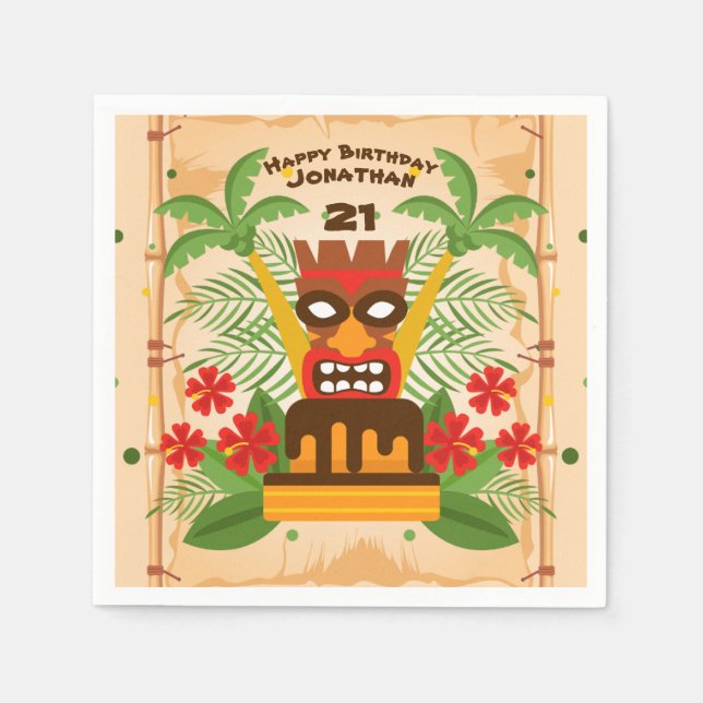 Fun Tiki Bar Birthday Party Cake & Palm Tree Retro Napkin (Front)