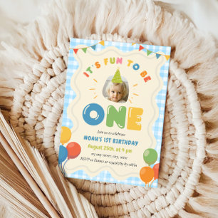 Fun to Be One 1st Birthday Photo Blue Gingham Invitation