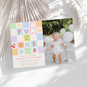 Fun to be One Colorful Gingham 1st Birthday Photo Invitation