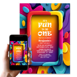 Fun to be One Colourful 1st Birthday Party Invitation