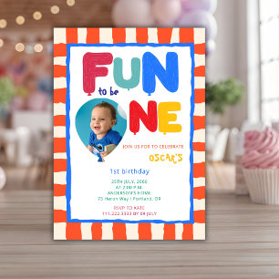Fun To Be One Colourful First Photo Birthday Party Invitation