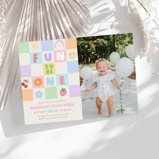 Fun to be One Colourful Gingham 1st Birthday Photo Invitation
