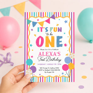Fun to Be One: Colourful Girl 1st Birthday Party Invitation