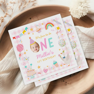 Fun to be One Colourful Photo Girl 1st Birthday Napkin