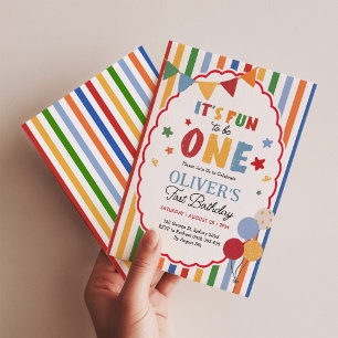 Fun to Be One: Colourful Stripes First Birthday Bo Invitation
