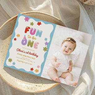 Fun to Be One Daisy Colorful 1st Birthday Photo Invitation