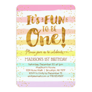Fun to Be One Girls 1st Birthday Rainbow Gold Invitation