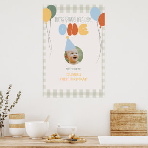 Fun to be ONE Green Gingham 1st Birthday Welcome Poster
