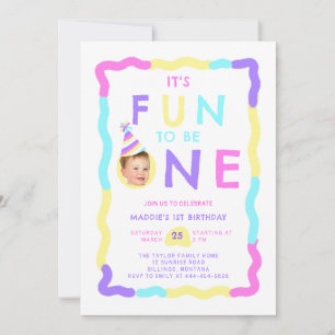 Fun to Be One Pastel Rainbow Photo 1st Birthday Invitation