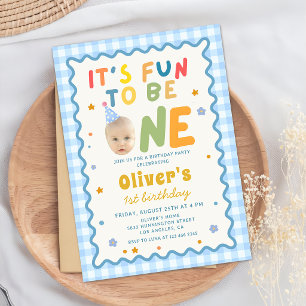 Fun To Be One Photo Blue Gingham 1st Birthday Invitation