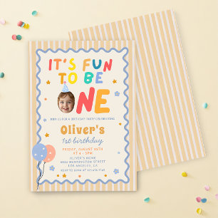 Fun To Be One Photo Colorful 1st Birthday Invitation