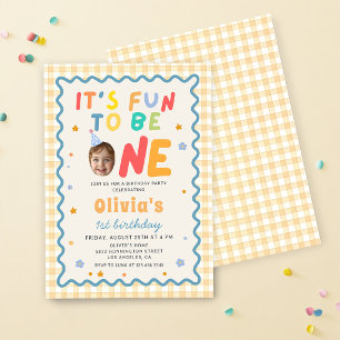Fun To Be One Photo Gingham 1st Birthday Invitation