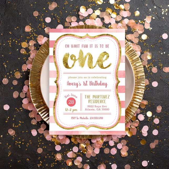Fun to Be One Pink and Gold First Birthday Party Invitation (Creator Uploaded)
