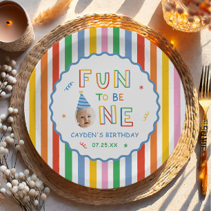 Fun To Be One Retro Colourful Boy 1st Birthday Paper Plate