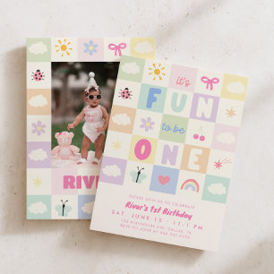 Fun To Be One Retro Girls 1st Photo Birthday Invitation