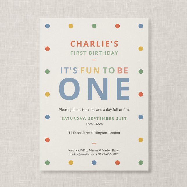 Fun To Be One Soft Colourful First Birthday Invitation (Color Pop - It's Fun to Be One Birthday Invitation)