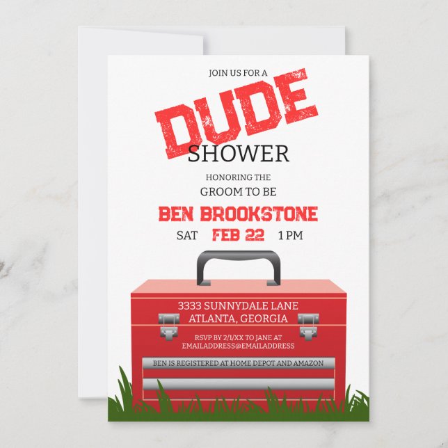 Fun Toolbox Dude Groom Wedding Shower Invitation (Front)