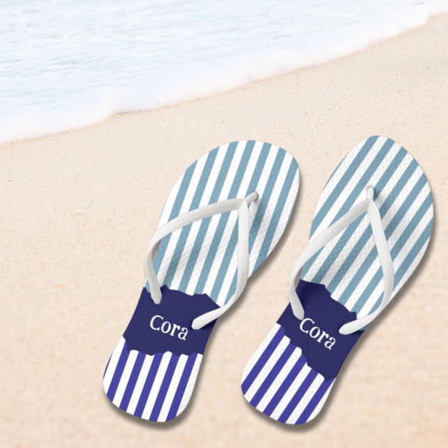 Fun Torn Stripes Blue Layered Name Thongs (Fun Torn Stripes Blue Layered Name Flip Flops)
