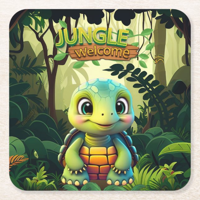 Fun Tortoise Jungle Welcome Box Turtle Wildlife Square Paper Coaster (Front)