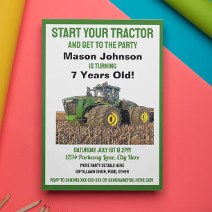 Fun Tractor Birthday Kid's Farm Equipment Yellow Invitation
