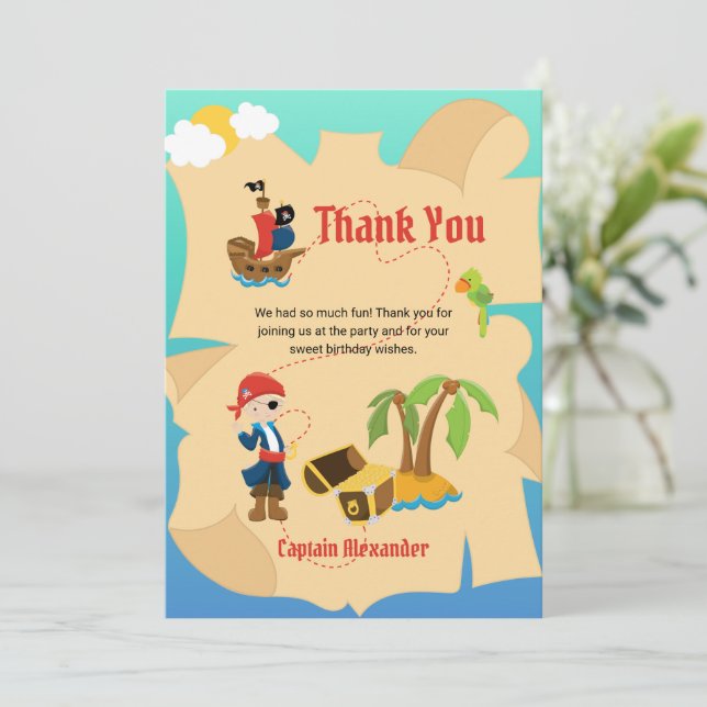 Fun Treasure Map Pirate Boy Custom Thank You Card (Standing Front)