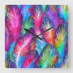 Fun Trendy Colourful Feather Patterned Square Wall Clock