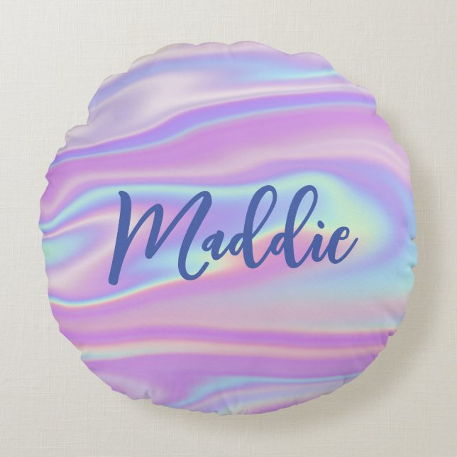 Fun Trendy Faux Iridescent Personalised w/ Name Round Cushion (Front)