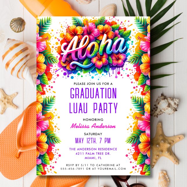 Fun Tropical Aloha Graduation Luau Party Invitation (Creator Uploaded)