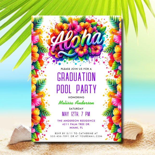 Fun Tropical Aloha Graduation Pool Party Invitation (Creator Uploaded)
