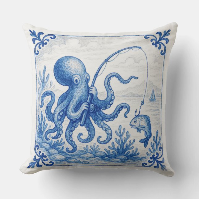 Fun Tropical Delft style Tile Octopus Cushion (Front)