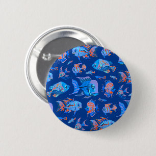 Fun tropical fishes on blue 6 cm round badge