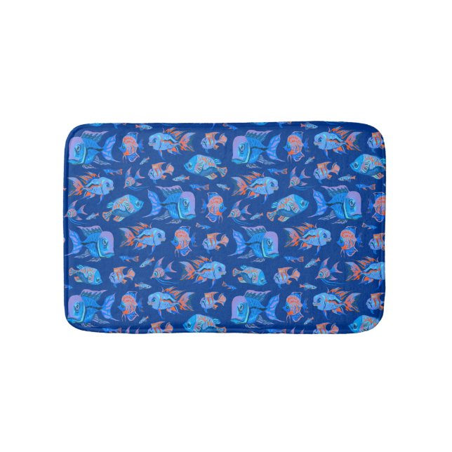 Fun tropical fishes on blue bath mat (Front)