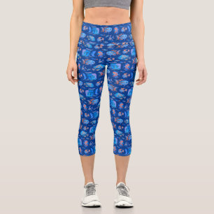 Fun tropical fishes on blue capri leggings