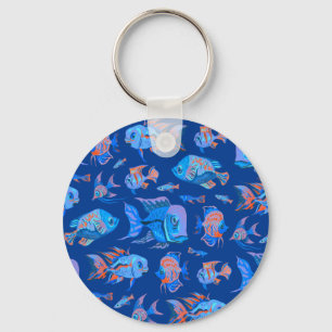 Fun tropical fishes on blue key ring