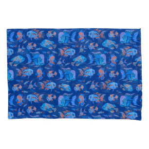 Fun tropical fishes on blue pillowcase