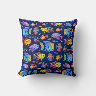 Fun tropical fishes on dark blue cushion