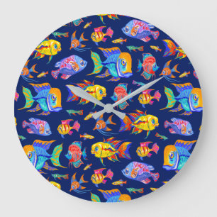 Fun tropical fishes on dark blue large clock