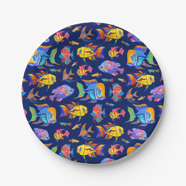 Fun tropical fishes on dark blue paper plate (Front)